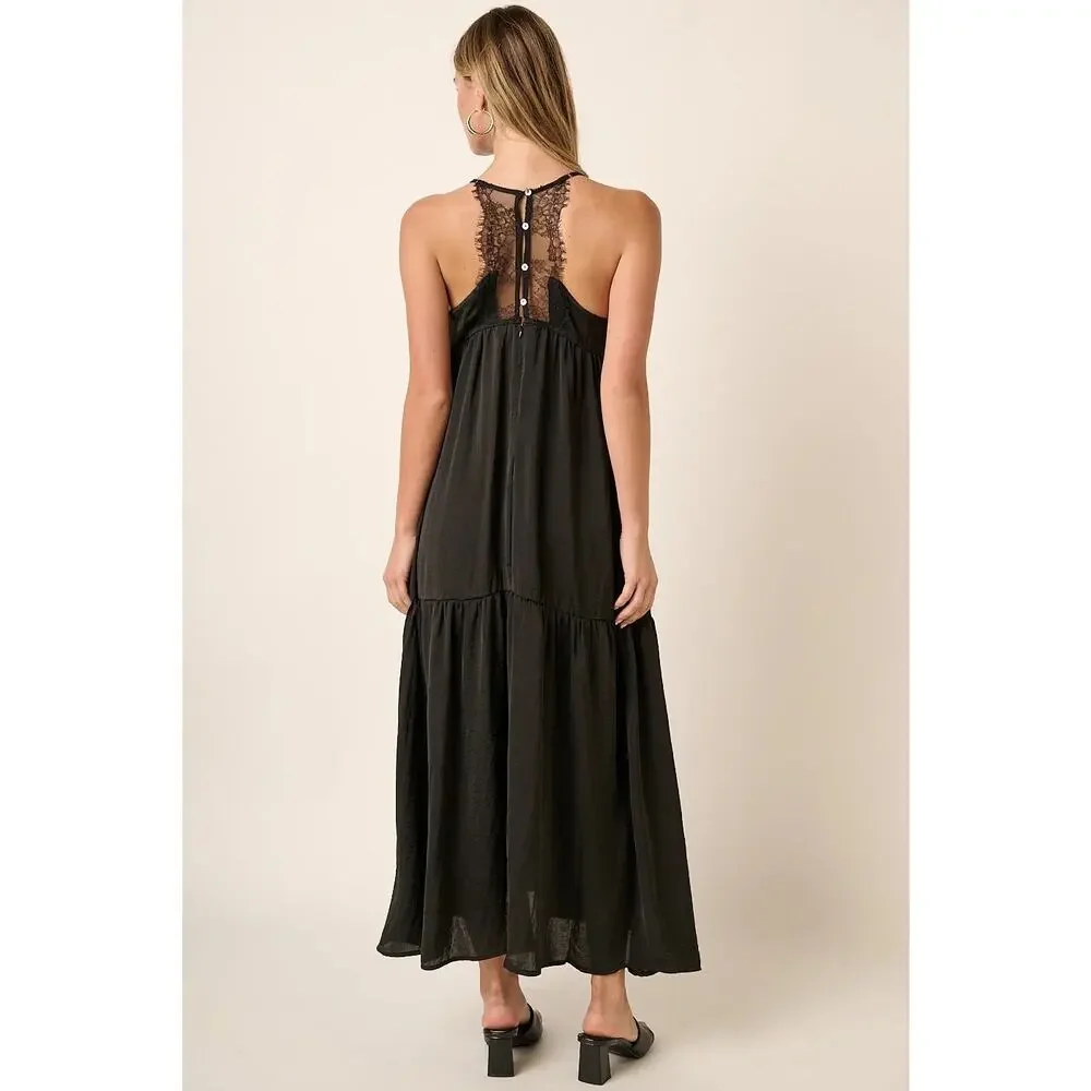 NEW Lovestitch Black Lace Spaghetti Strap Tiered Maxi Dress Size Small‎ - Picture 2 of 9